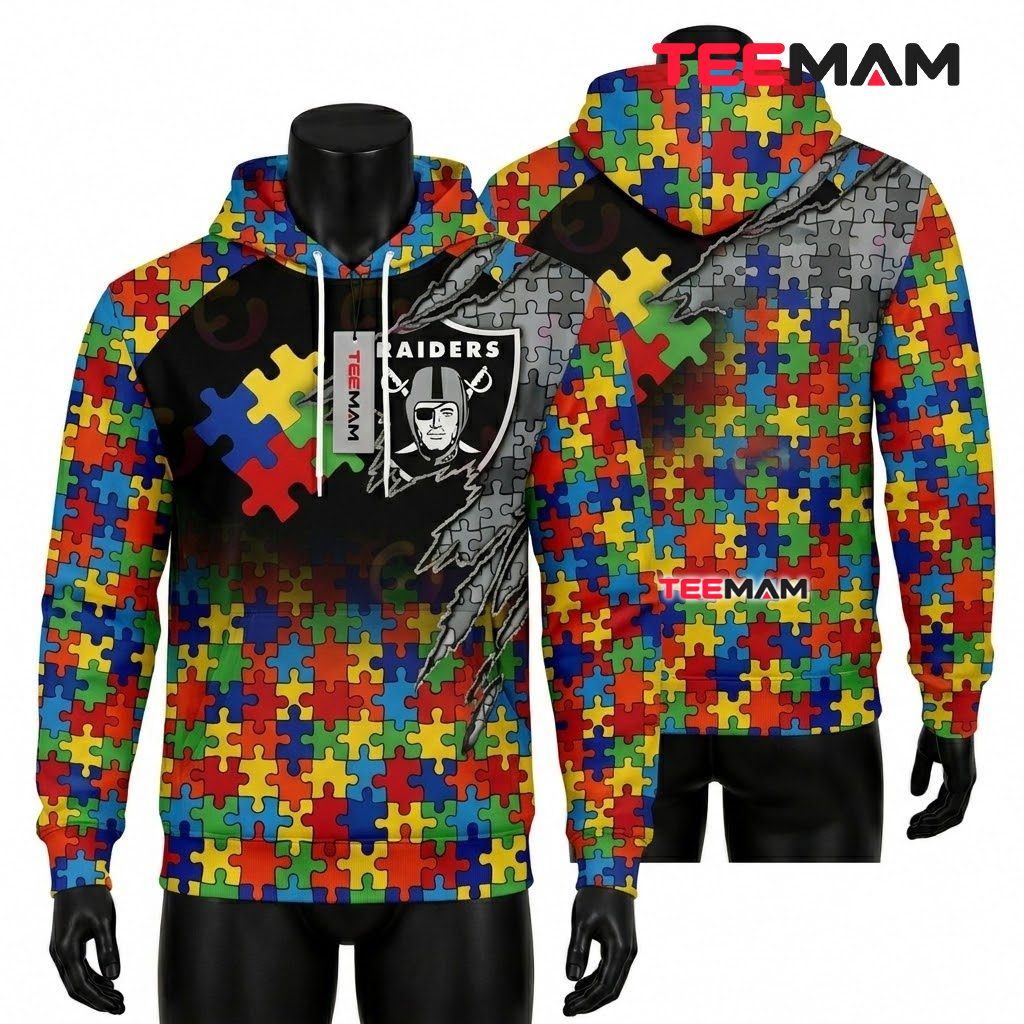 Las Vegas Raiders All Over Print 3D Hoodie Autism Awareness Puzzle Piece Front