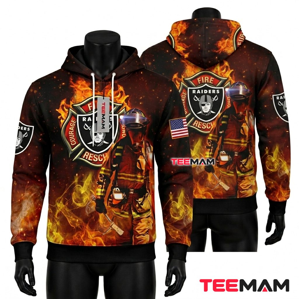 Las Vegas Raiders All Over Print 3D Hoodie Firefighter Rescue Flame Front