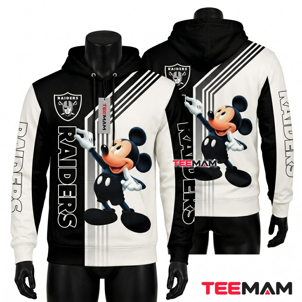 Las Vegas Raiders All Over Print 3D Hoodie Mickey Mouse Split Design Front