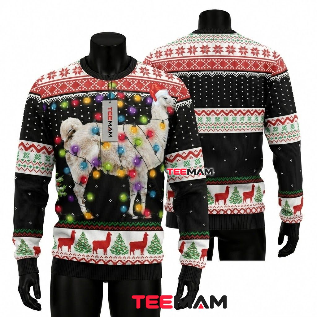 Llama Ugly Christmas Sweater String Lights Santa Front