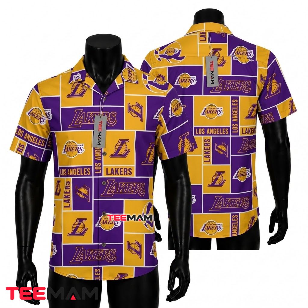 Los Angeles Lakers Aloha Shirt Purple Checkerboard Front