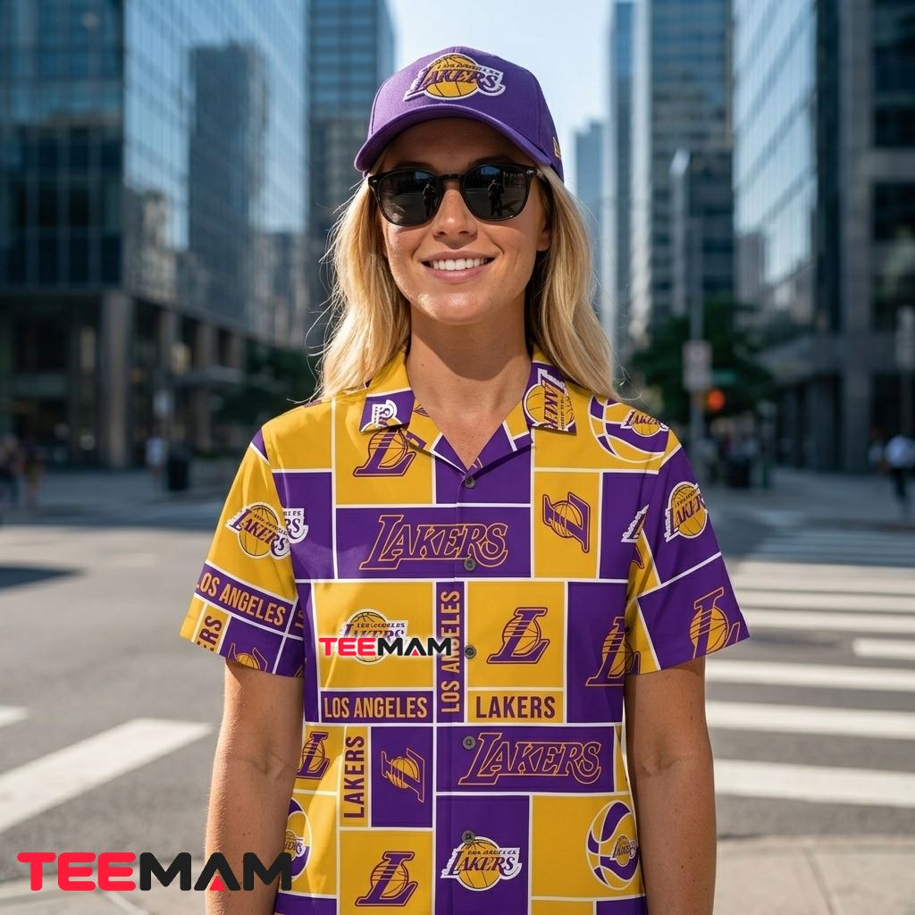 Los Angeles Lakers Aloha Shirt Purple Checkerboard Back Los Angeles Lakers Aloha Shirt Purple Checkerboard Back