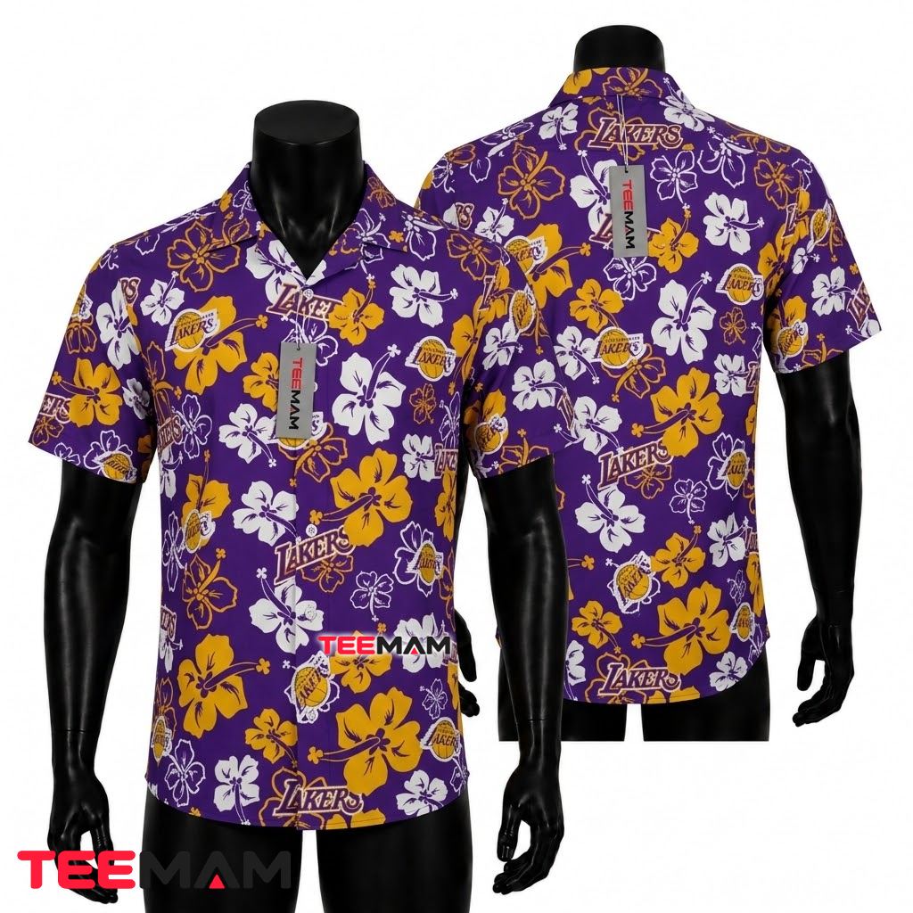 Los Angeles Lakers Aloha Shirt White Gold Hibiscus Front