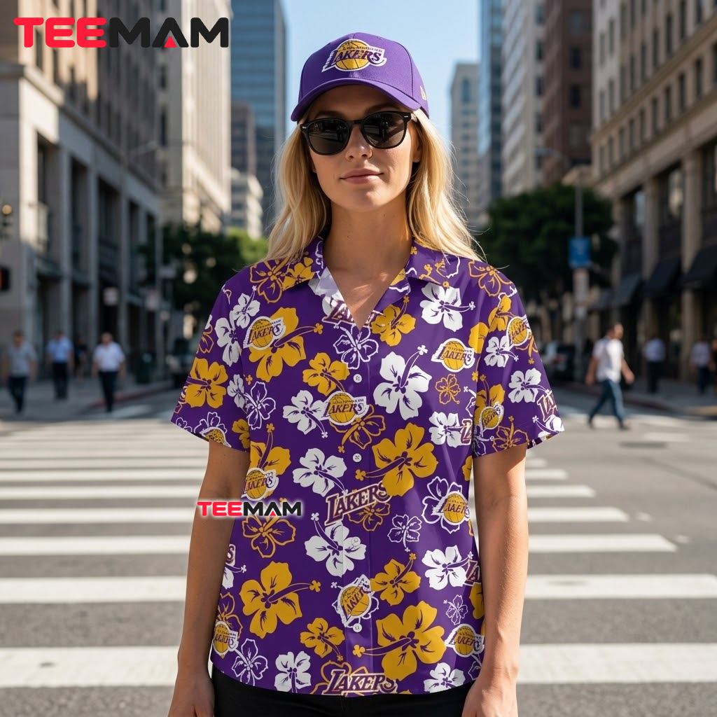 Los Angeles Lakers Aloha Shirt White Gold Hibiscus Back Los Angeles Lakers Aloha Shirt White Gold Hibiscus Back