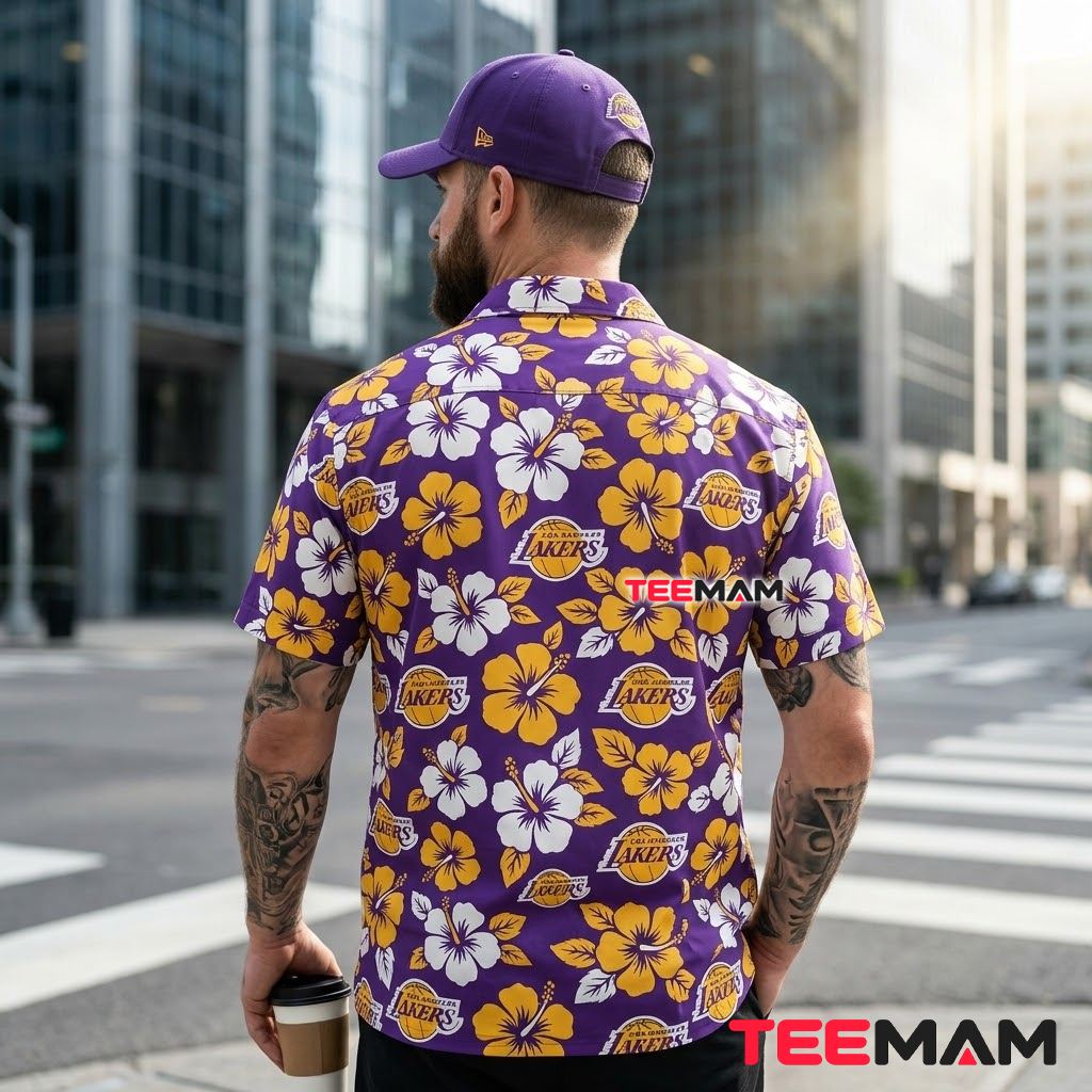 Los Angeles Lakers Aloha Shirt White Gold Hibiscus Version 3 Los Angeles Lakers Aloha Shirt White Gold Hibiscus Version 3