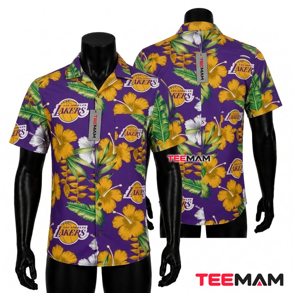 Los Angeles Lakers Button Up Shirt Gold Hibiscus Front
