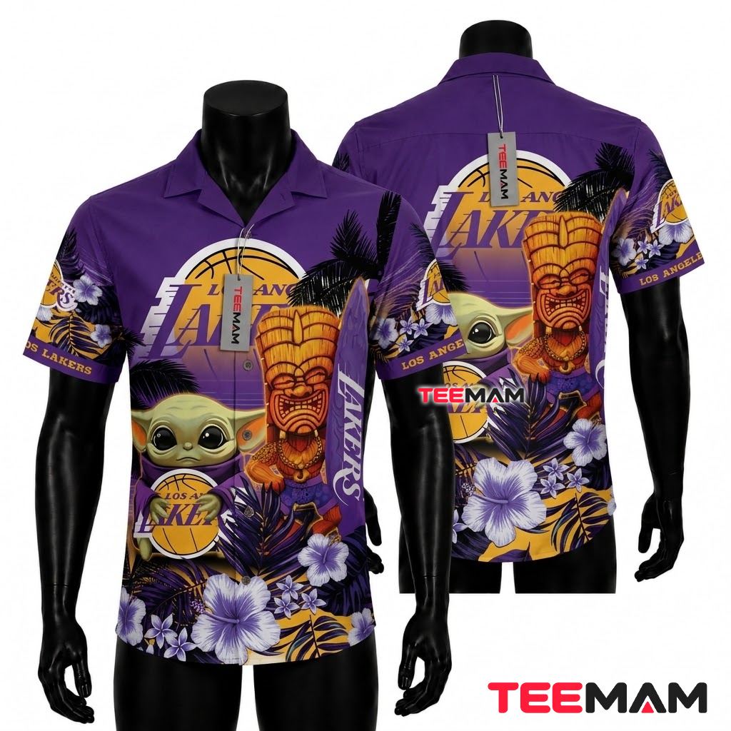 Los Angeles Lakers Hawaiian Shirt Baby Yoda Tiki Front