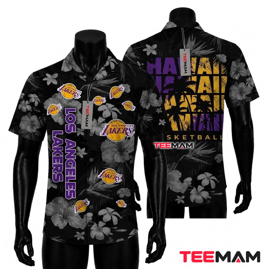 Los Angeles Lakers Hawaiian Shirt Black Floral Front