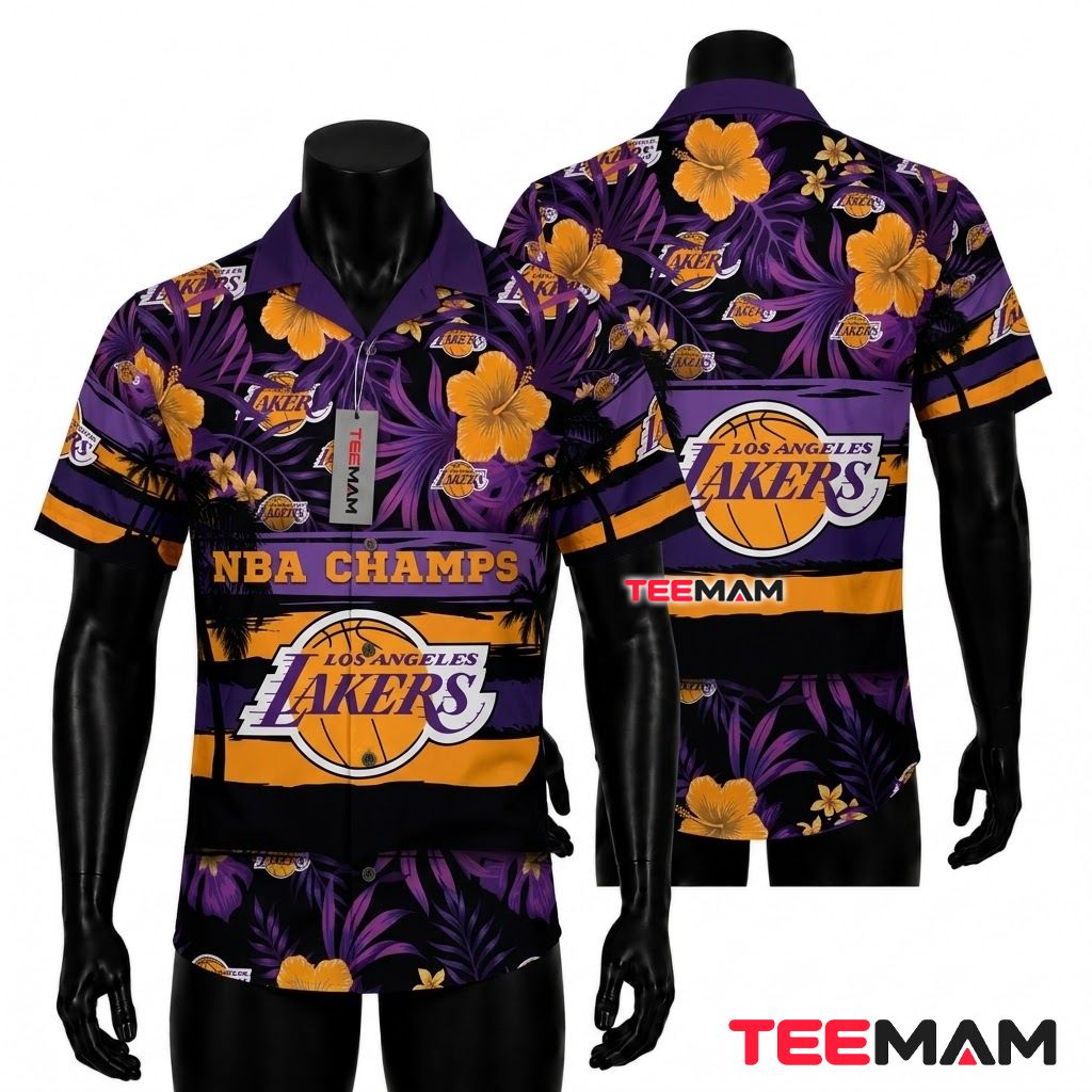 Los Angeles Lakers Hawaiian Shirt Hibiscus Striped Front