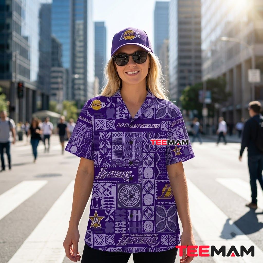 Los Angeles Lakers Hawaiian Shirt Purple Tapa Back Los Angeles Lakers Hawaiian Shirt Purple Tapa Back