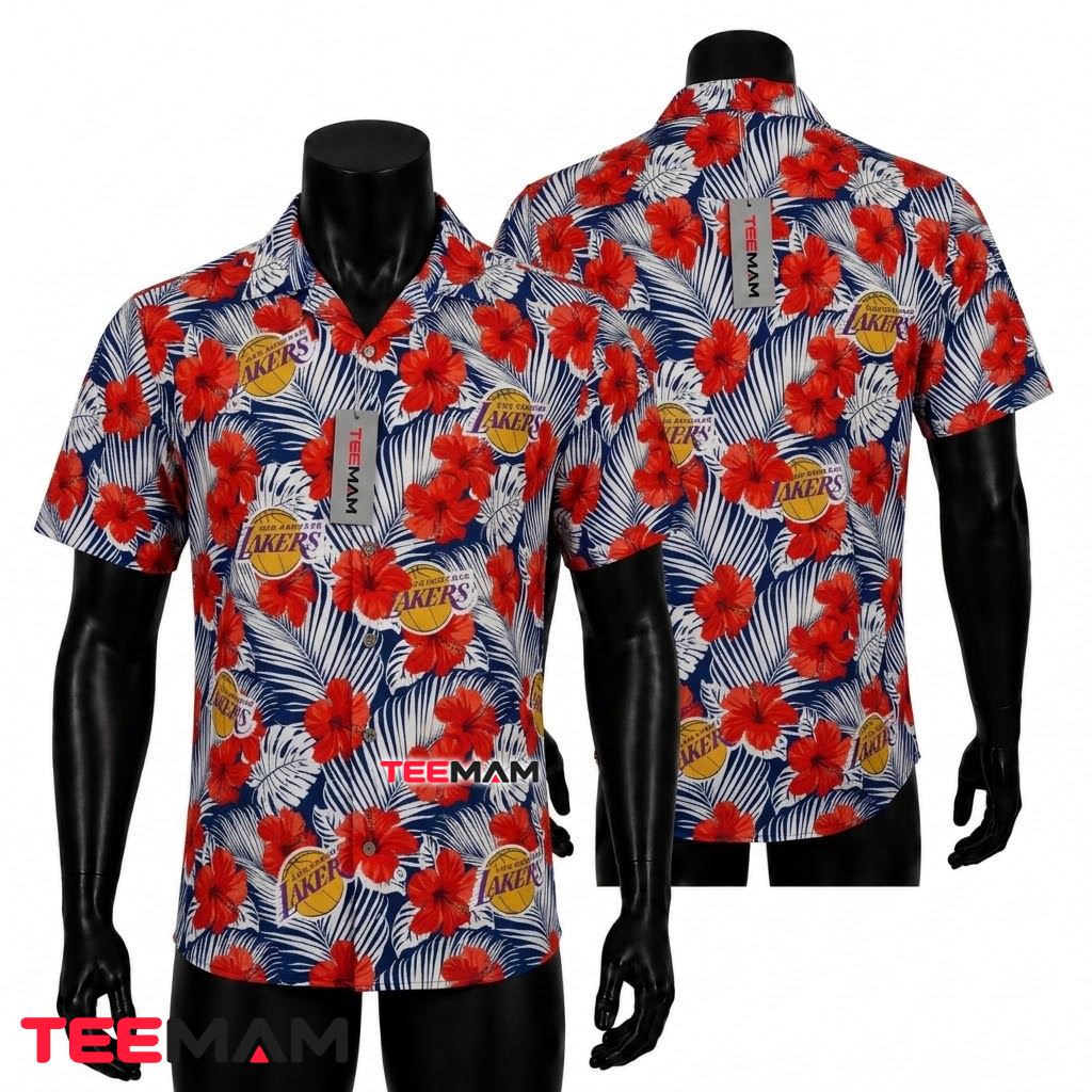 Los Angeles Lakers Hawaiian Shirt Red Hibiscus Front