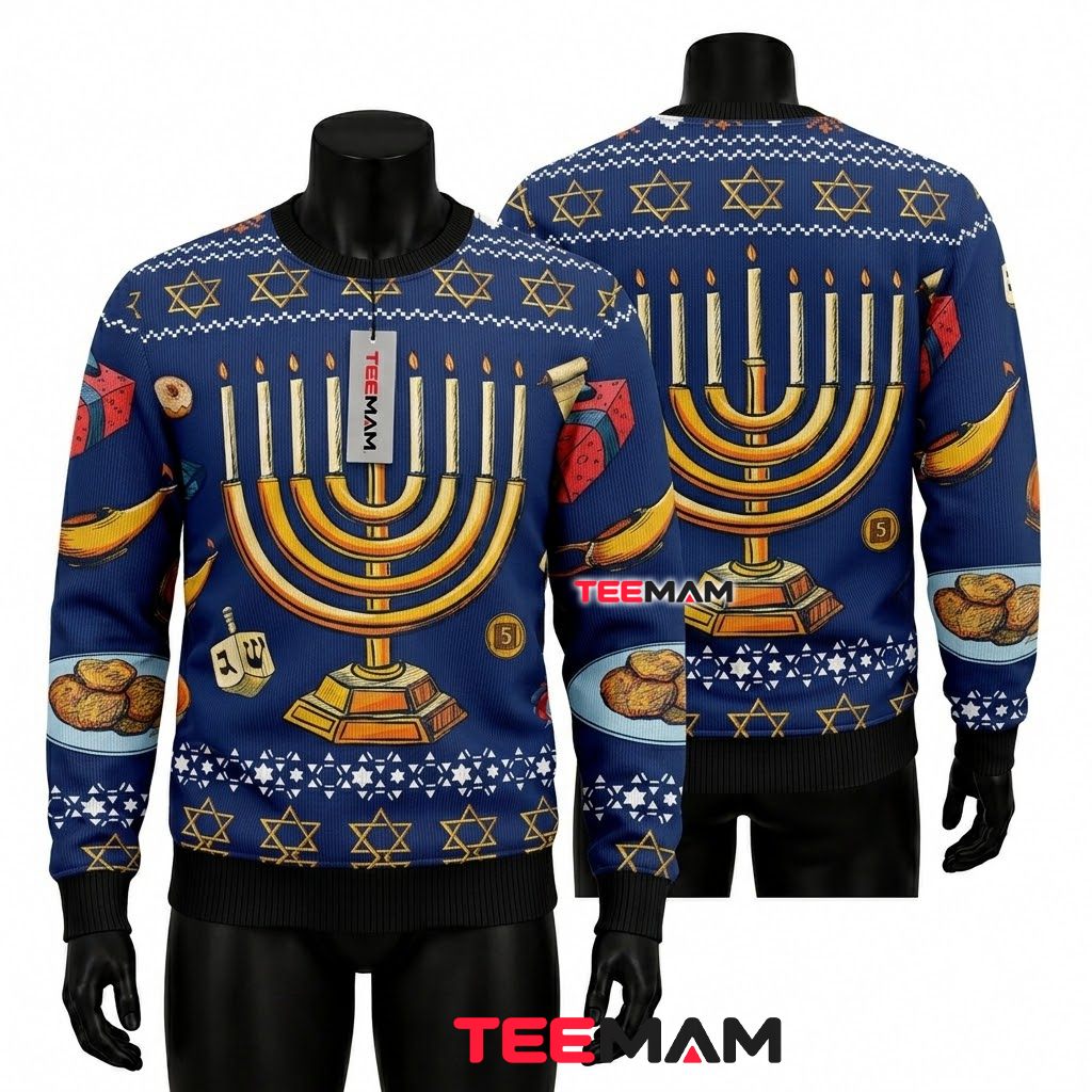 Menorah Ugly Christmas Sweater Hanukkah Star David Front