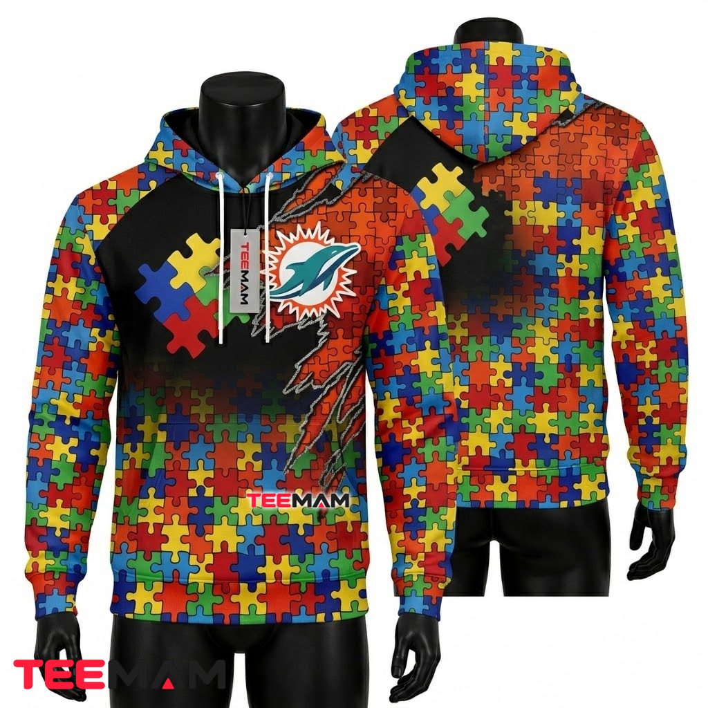 Miami Dolphins 3D Hoodie Autism Awareness Puzzle Pattern Front