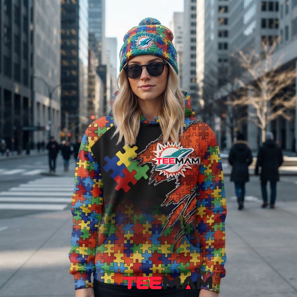 Miami Dolphins 3D Hoodie Autism Awareness Puzzle Pattern Back Miami Dolphins 3D Hoodie Autism Awareness Puzzle Pattern Back
