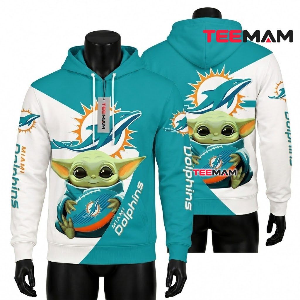 Miami Dolphins 3D Hoodie Baby Yoda Football Hug Front