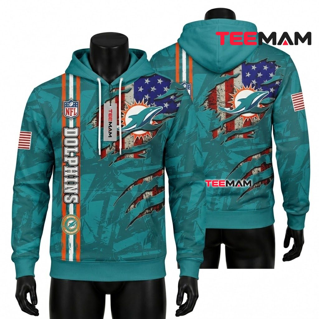 Miami Dolphins 3D Hoodie Claw Mark American Flag Front