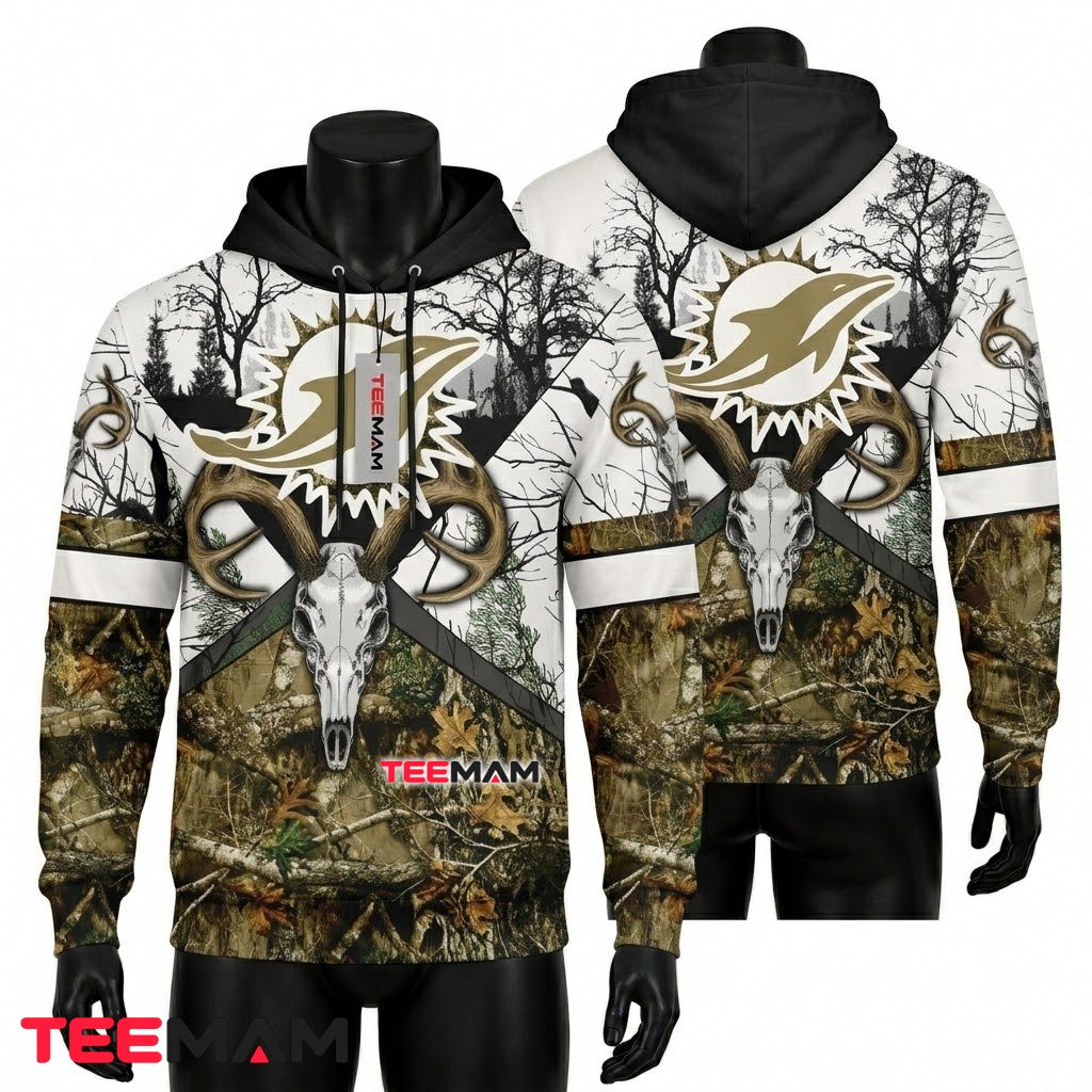Miami Dolphins 3D Hoodie Deer Skull Hunting Camo Front