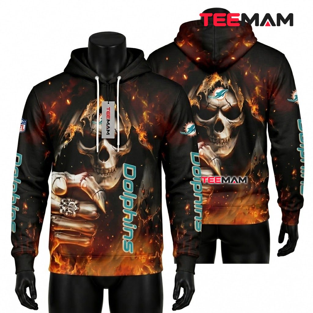 Miami Dolphins 3D Hoodie Flaming Skull Fire Front