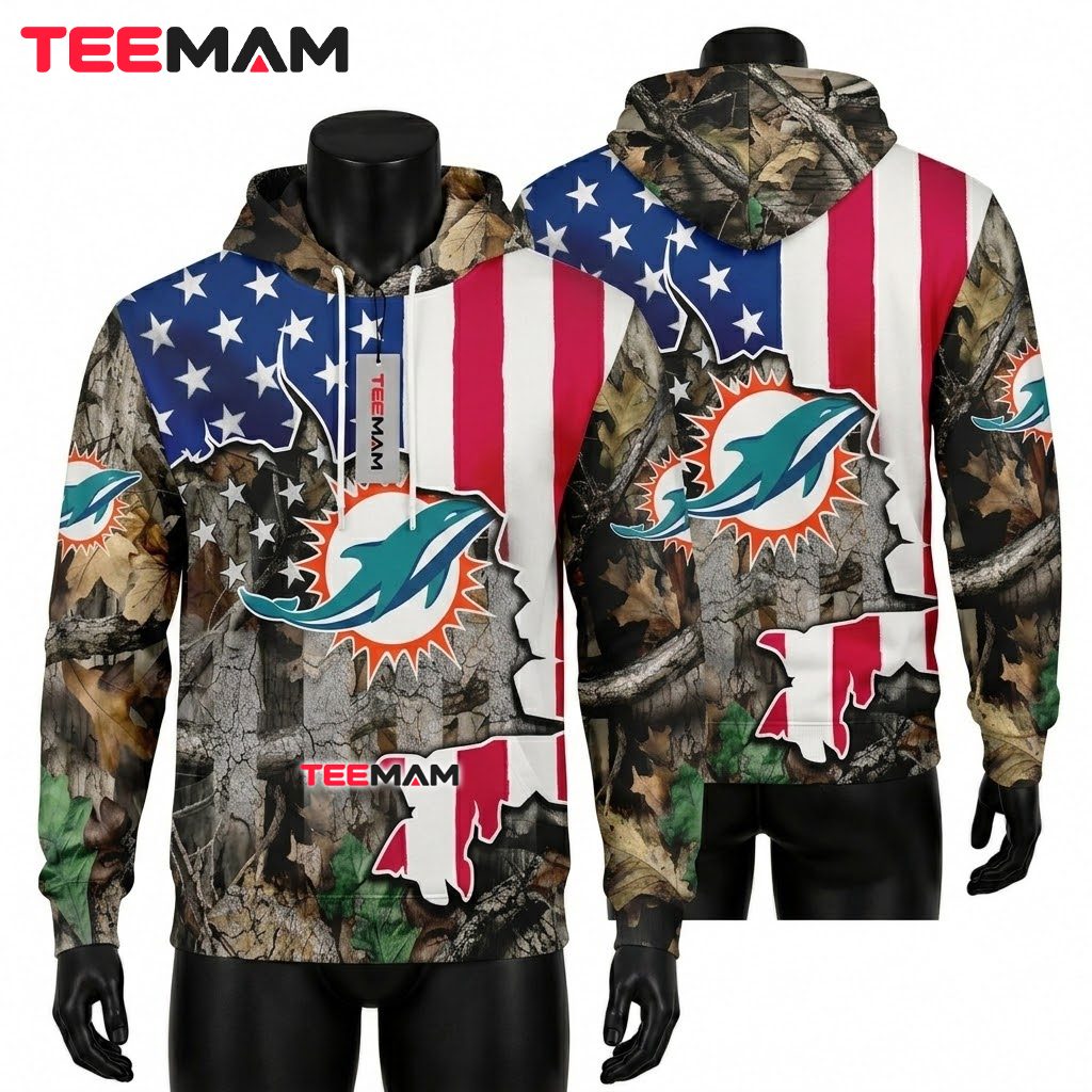 Miami Dolphins 3D Hoodie Realtree Camo USA Flag Front