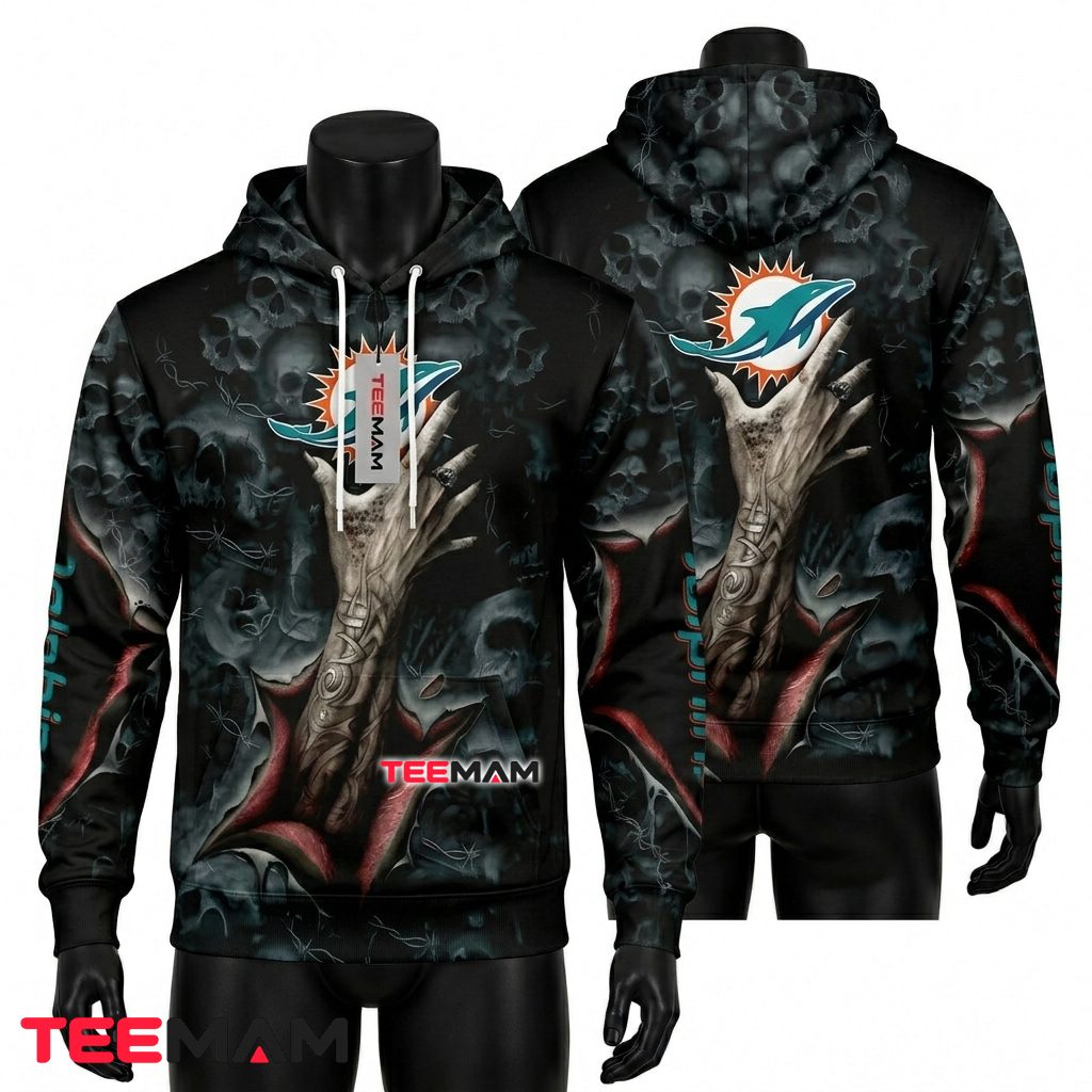 Miami Dolphins 3D Hoodie Skull Hand Horror Front