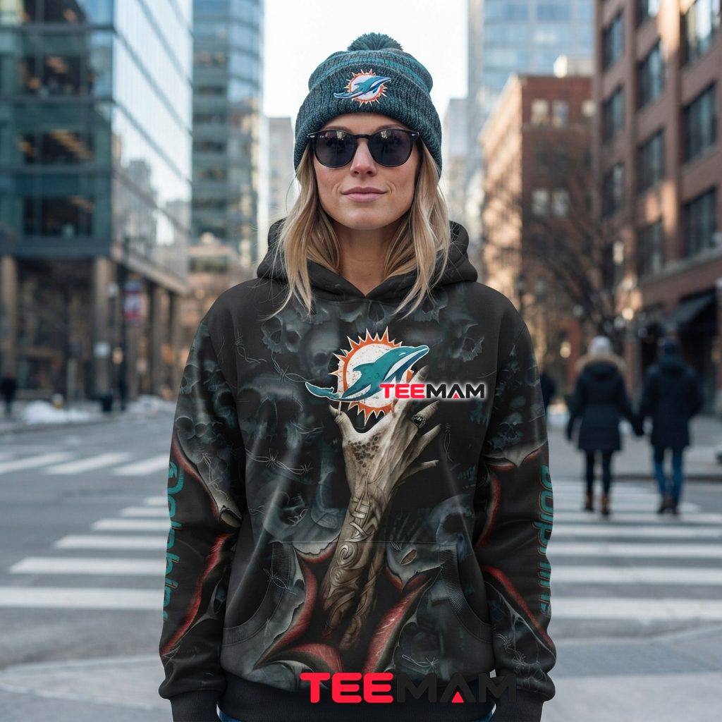 Miami Dolphins 3D Hoodie Skull Hand Horror Back Miami Dolphins 3D Hoodie Skull Hand Horror Back