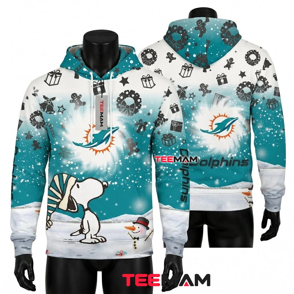 Miami Dolphins 3D Hoodie Snoopy Christmas Snowman Front