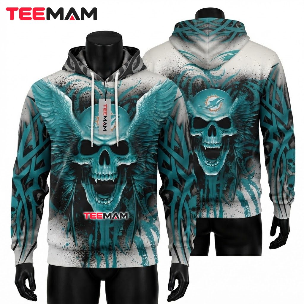 Miami Dolphins 3D Hoodie Winged Tribal Skull Front