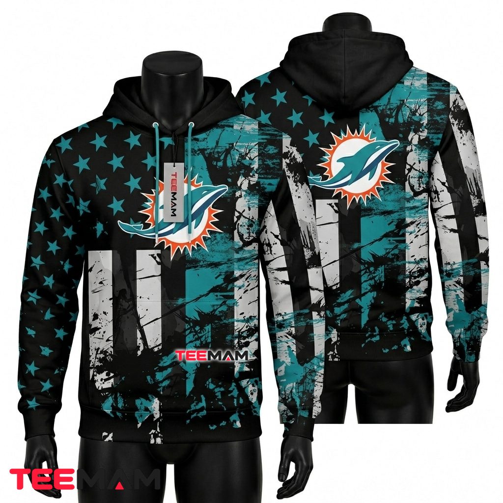 Miami Dolphins All Over Print 3D Hoodie American Flag Stars Grunge Camo Front