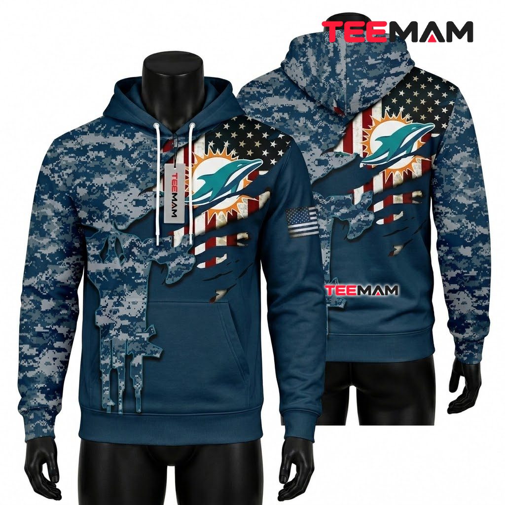 Miami Dolphins All Over Print 3D Hoodie Digital Camo Skull USA Flag Front