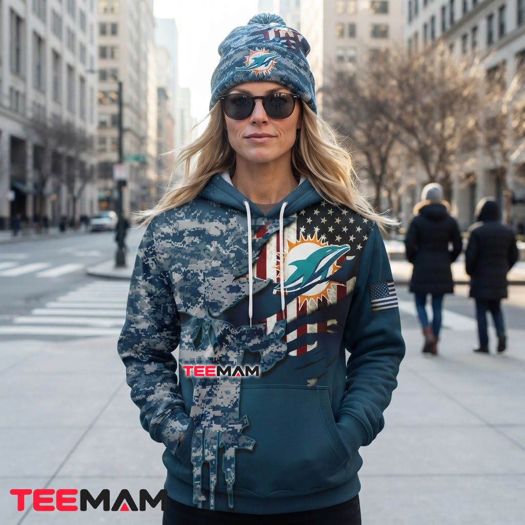 Miami Dolphins All Over Print 3D Hoodie Digital Camo Skull USA Flag Back Miami Dolphins All Over Print 3D Hoodie Digital Camo Skull USA Flag Back
