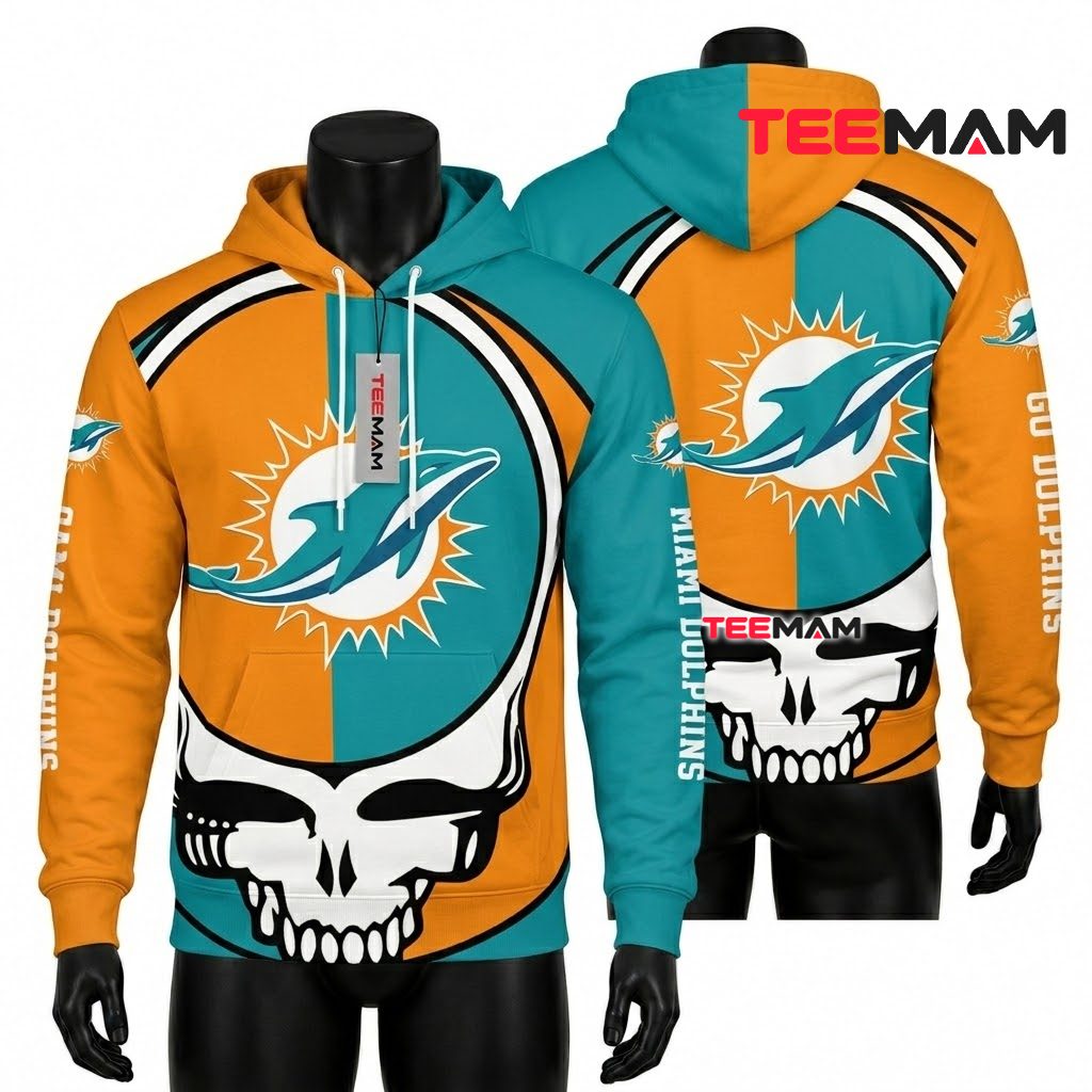 Miami Dolphins All Over Print 3D Hoodie Grateful Dead Split Skull Front