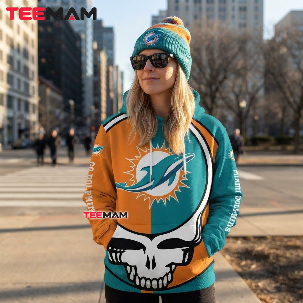 Miami Dolphins All Over Print 3D Hoodie Grateful Dead Split Skull Back Miami Dolphins All Over Print 3D Hoodie Grateful Dead Split Skull Back