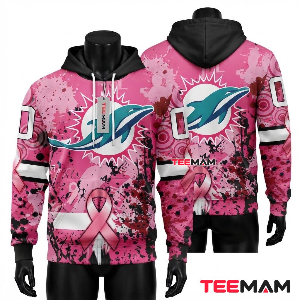 Miami Dolphins All Over Print 3D Hoodie Pink Breast Cancer Awareness Ribbon Front