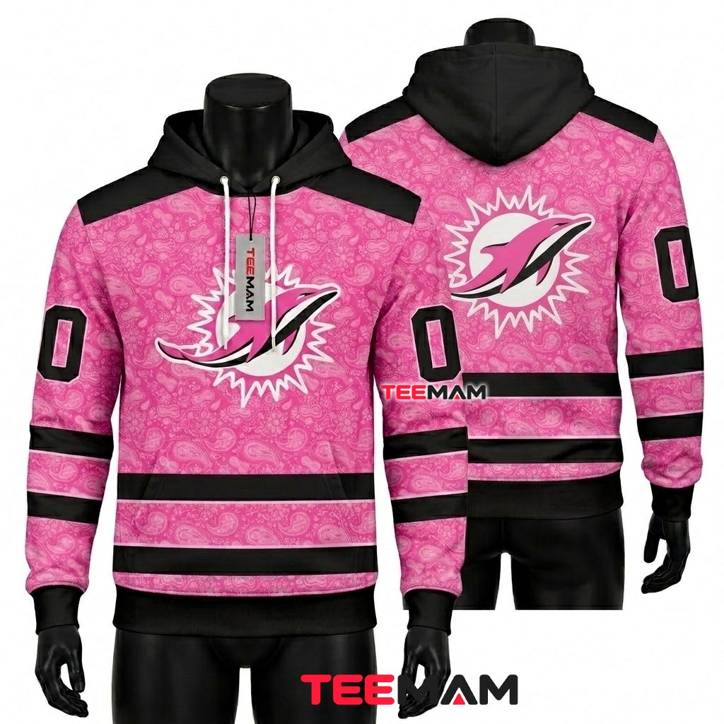 Miami Dolphins All Over Print 3D Hoodie Pink Paisley Jersey Front