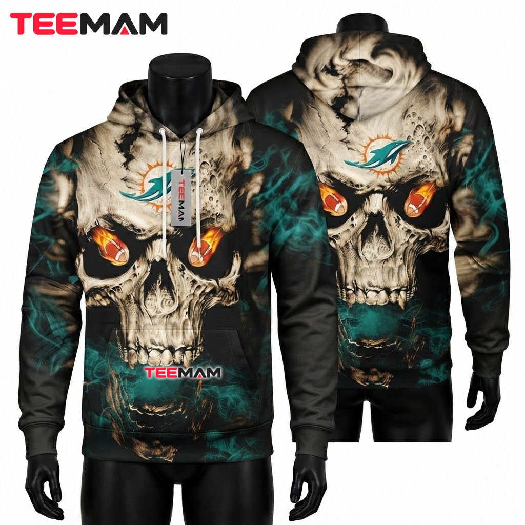 Miami Dolphins All Over Print 3D Hoodie Skull Football Fire Eyes Front