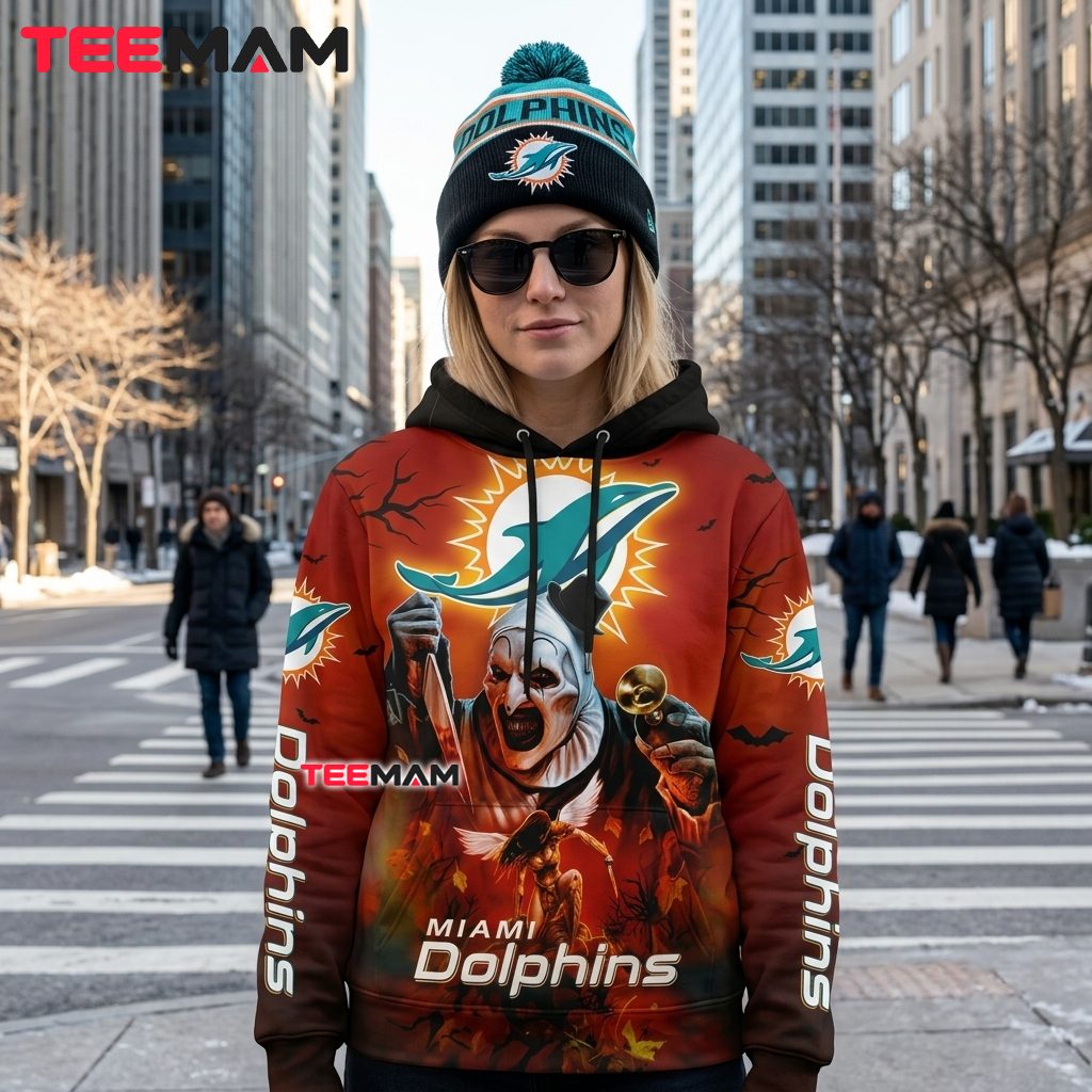 Miami Dolphins All Over Print 3D Hoodie Terrifier Clown Halloween Back Miami Dolphins All Over Print 3D Hoodie Terrifier Clown Halloween Back