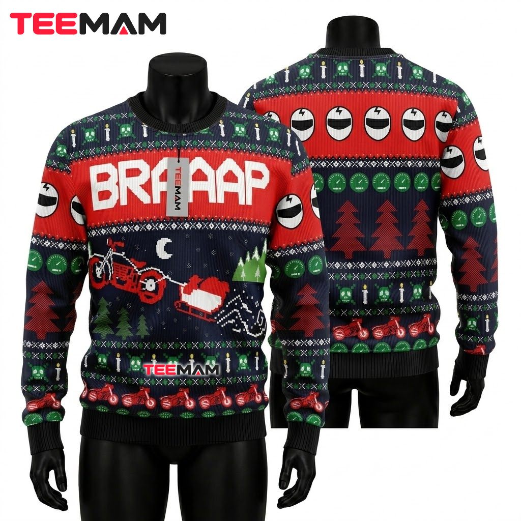 Motorcycle Ugly Christmas Sweater Braaap Santa Sleigh Front