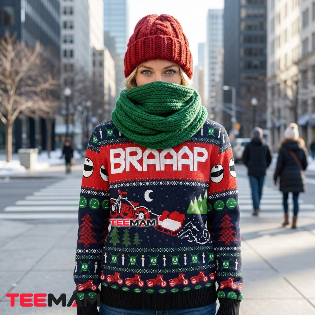 Motorcycle Ugly Christmas Sweater Braaap Santa Sleigh Back Motorcycle Ugly Christmas Sweater Braaap Santa Sleigh Back