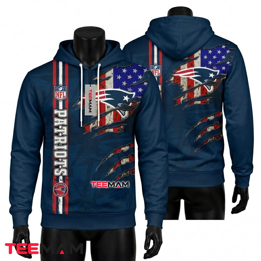 New England Patriots 3D Hoodie American Flag Claw Front