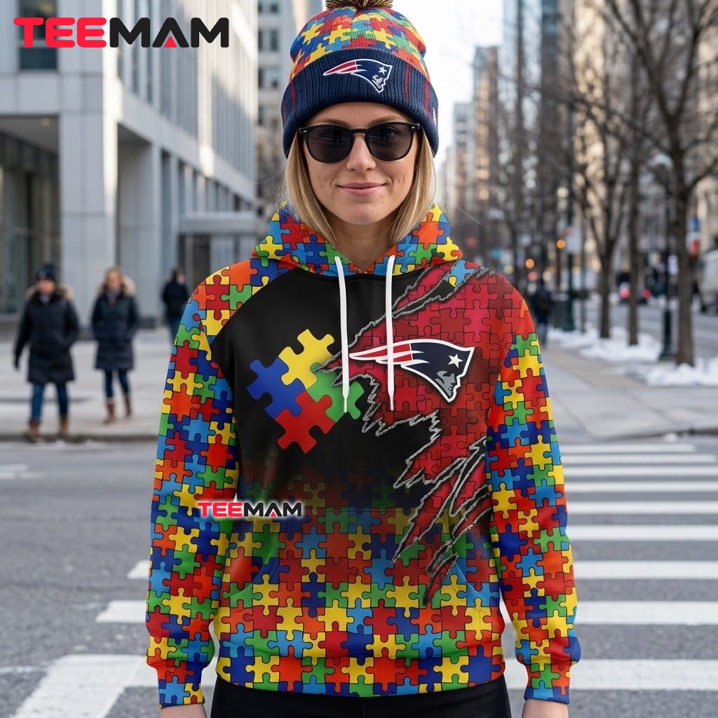 New England Patriots 3D Hoodie Autism Awareness Puzzle Claw Back New England Patriots 3D Hoodie Autism Awareness Puzzle Claw Back