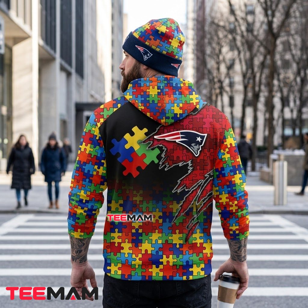 New England Patriots 3D Hoodie Autism Awareness Puzzle Claw Version 3 New England Patriots 3D Hoodie Autism Awareness Puzzle Claw Version 3