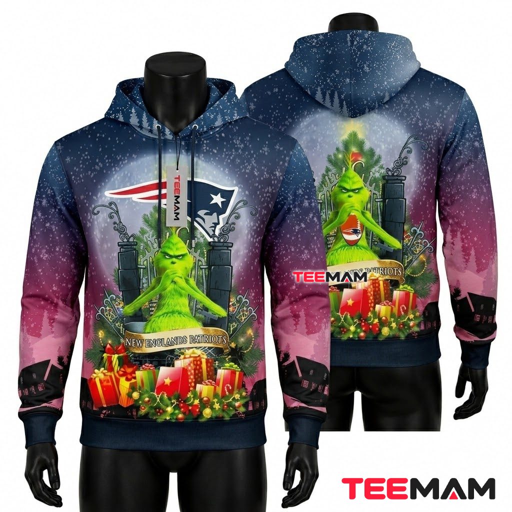 New England Patriots 3D Hoodie Grinch Christmas Front