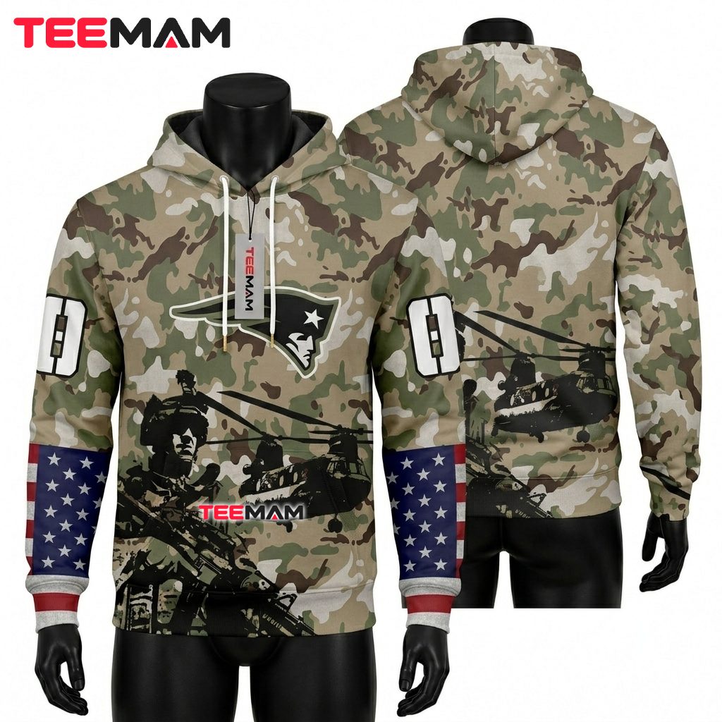 New England Patriots 3D Hoodie Military Veteran Camo Front