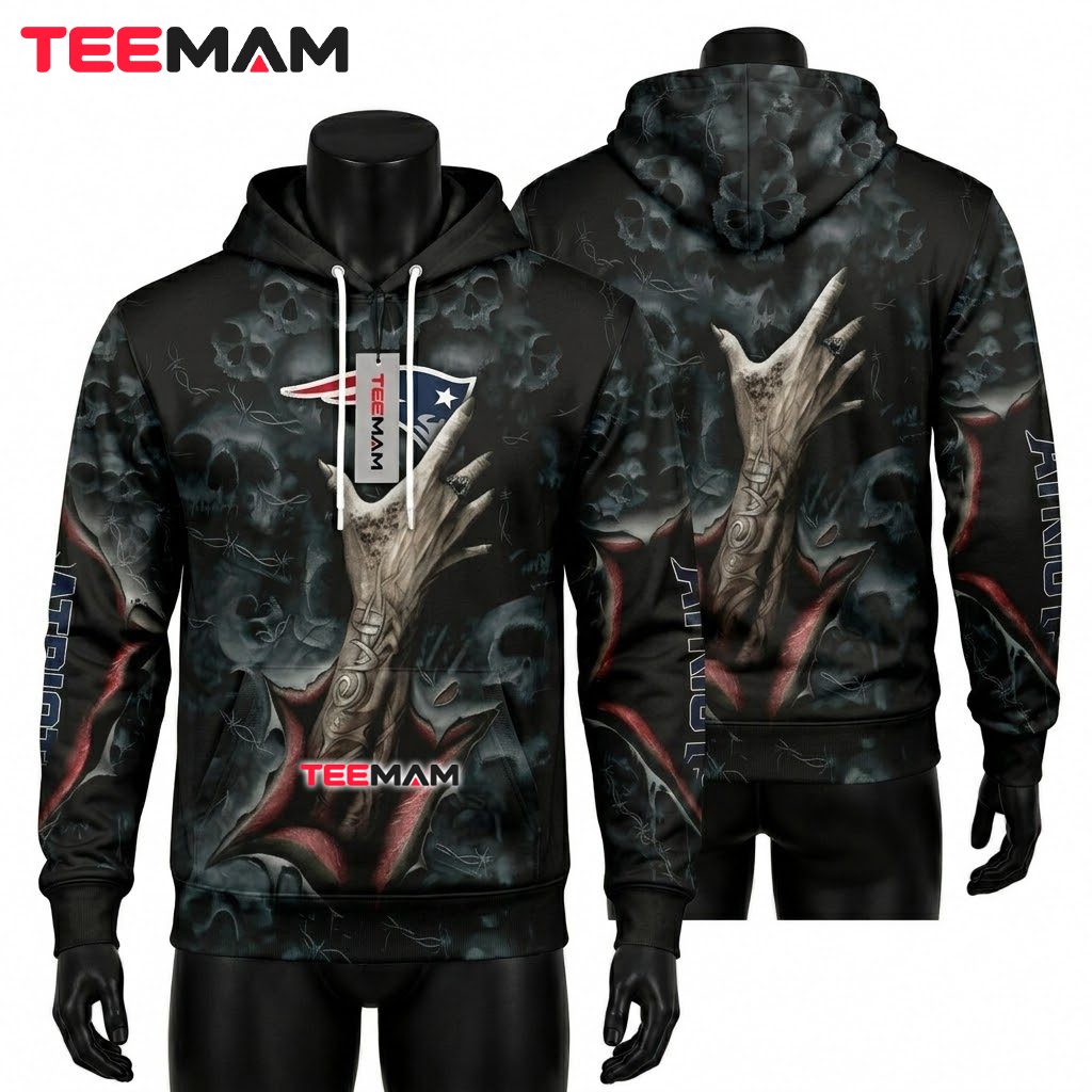 New England Patriots 3D Hoodie Skull Zombie Hand Horror Front