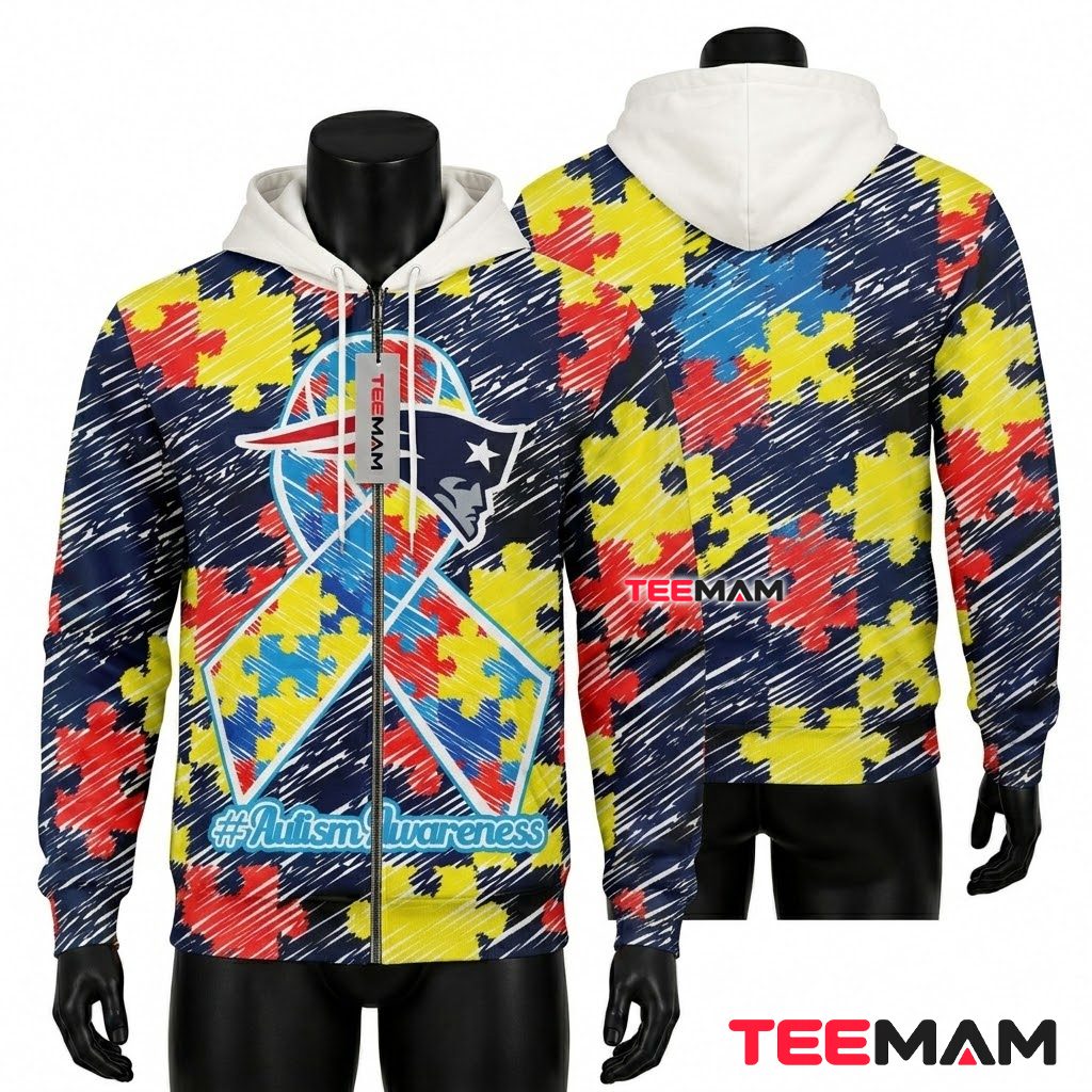 New England Patriots All Over Print 3D Hoodie Autism Awareness Ribbon Front