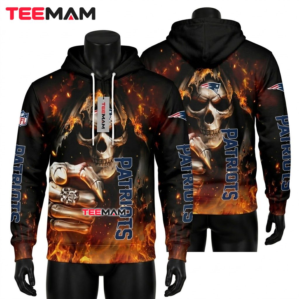 New England Patriots All Over Print 3D Hoodie Flaming Skull Fist Front