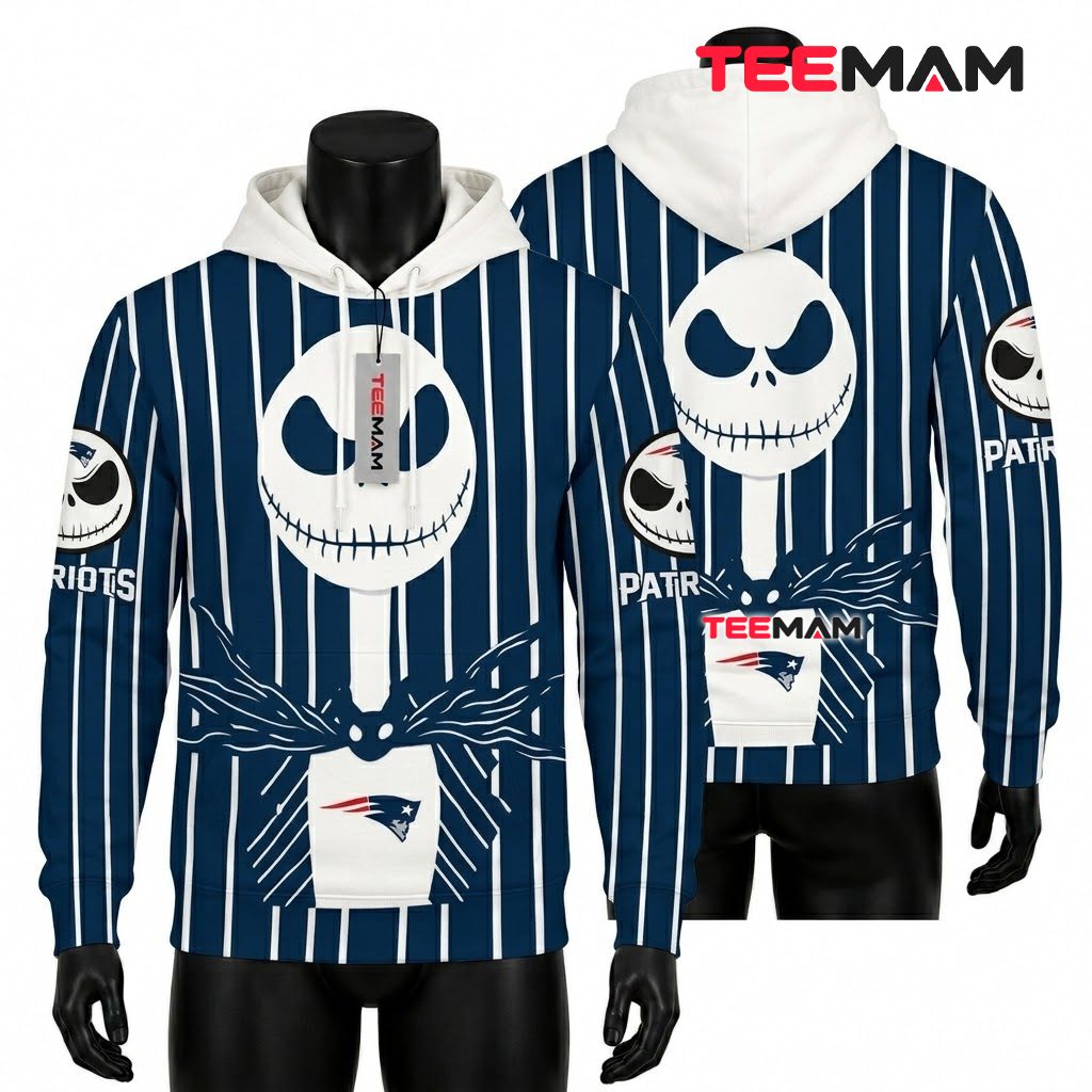 New England Patriots All Over Print 3D Hoodie Jack Skellington Pinstripe Front