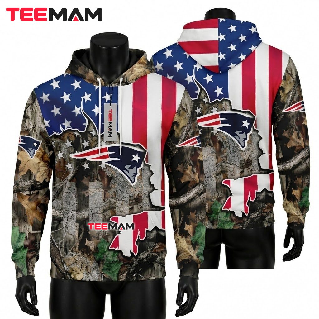 New England Patriots All Over Print 3D Hoodie Realtree Camo US Flag Front