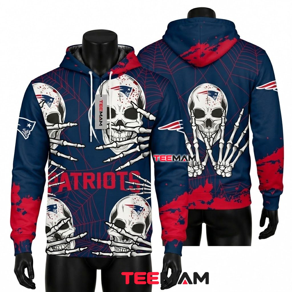 New England Patriots All Over Print 3D Hoodie Skull Spiderweb Front