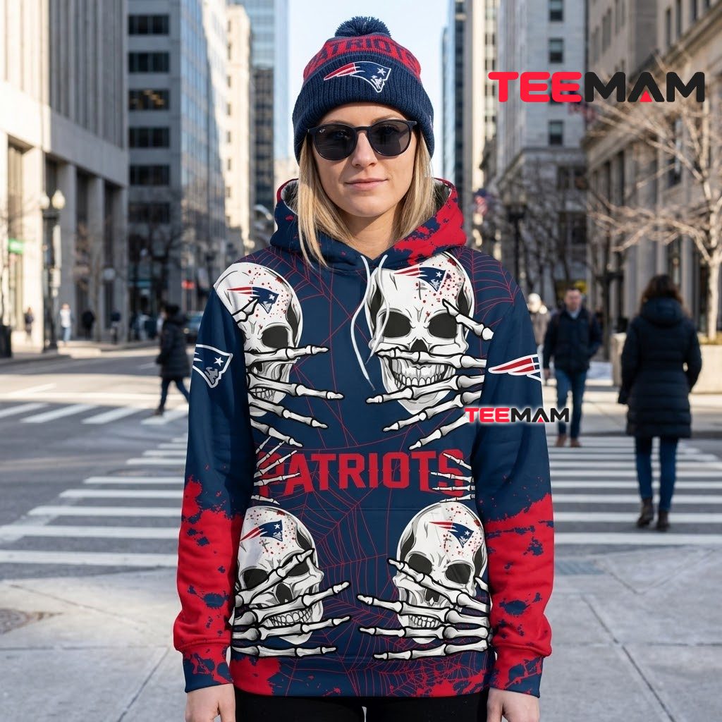 New England Patriots All Over Print 3D Hoodie Skull Spiderweb Back New England Patriots All Over Print 3D Hoodie Skull Spiderweb Back